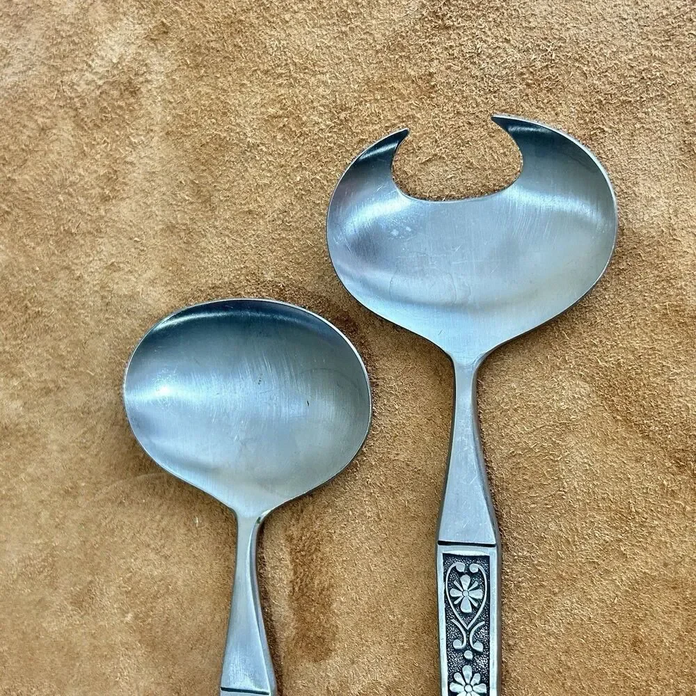 Vintage MCM Salad Serving Spoons Japan Solid Stainless Steel Utensils Set 11”